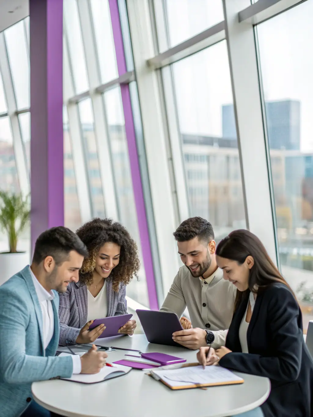 A professional team is brainstorming and developing marketing strategies in a modern office setting, representing The Crown Bridge's strategic marketing service.